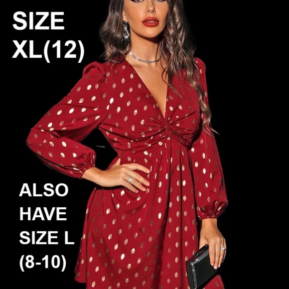 SHEIN Dresses & Skirts - Burgundy - Gold Dot Print Twist Front Lantern Long Sleeve Short Dress  XL